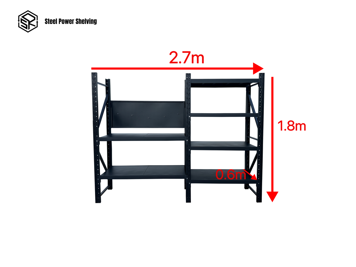 Heavy Duty Garage Workbench with Pegboard 1.8m(H)x2.7m(L)x0.6m(D) 1800kg Storage Shelving System