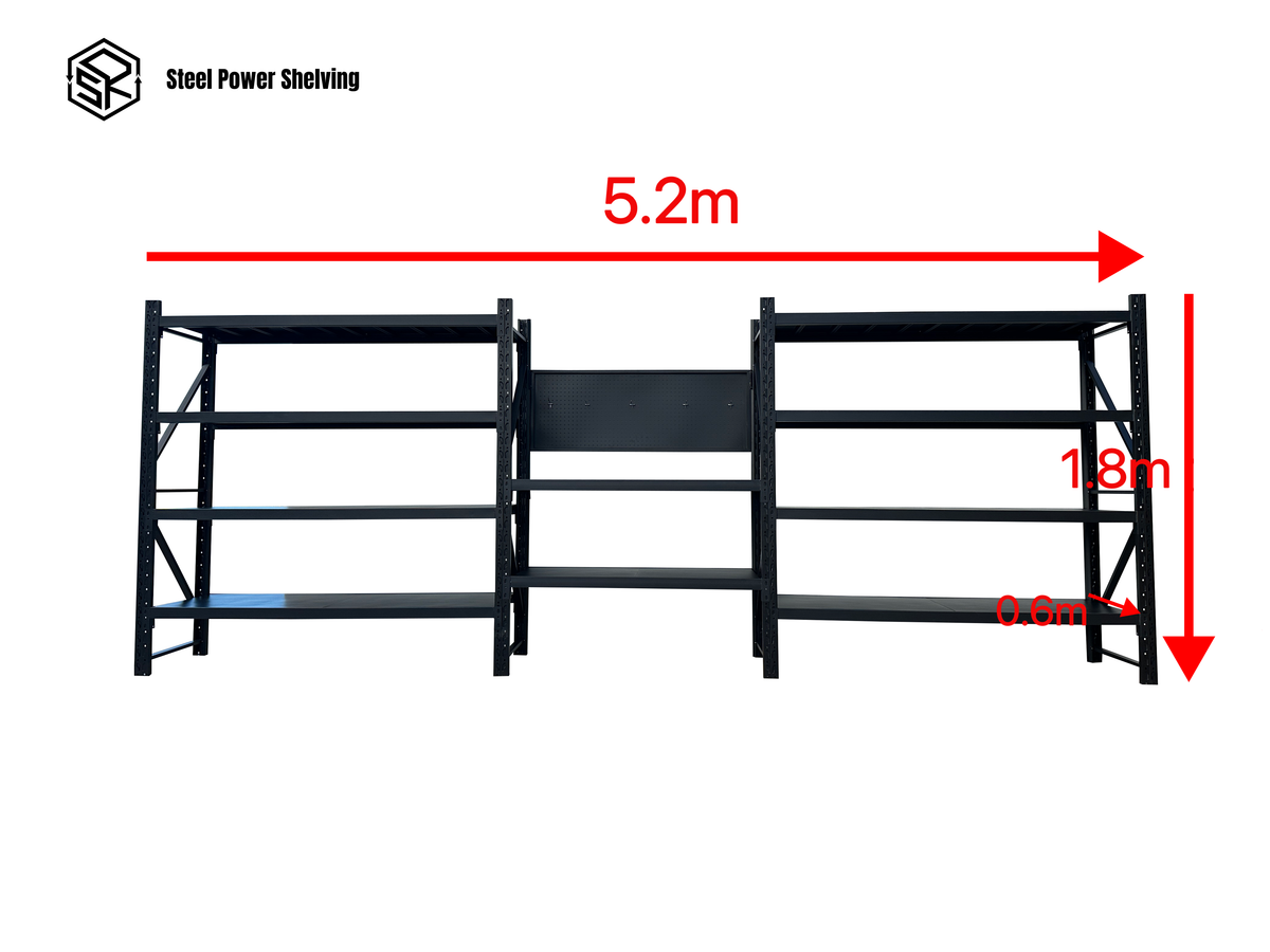 Heavy Duty Garage Workbench with Pegboard 1.8m(H)x5.2m(L)x0.6m(D) 3000kg Storage Shelving System