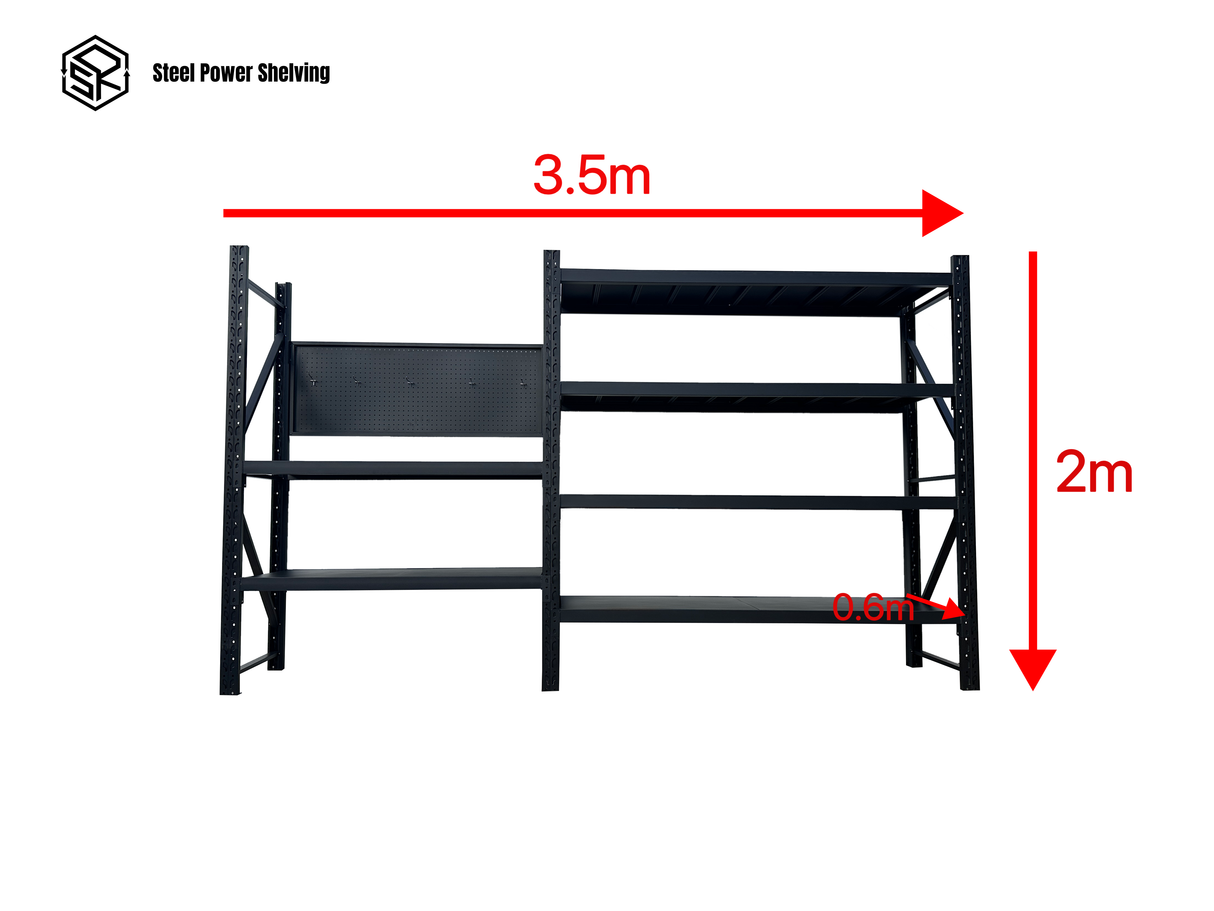 Heavy Duty Garage Workbench with Pegboard 2.0m(H)x3.5m(L)x0.6m(D) 1800kg Storage Shelving System
