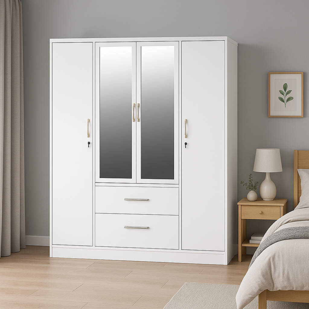 Metal Wardrobe with Double Mirror Doors & Safe