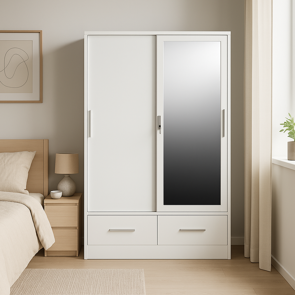 Metal Wardrobe White with Mirror & Safe
