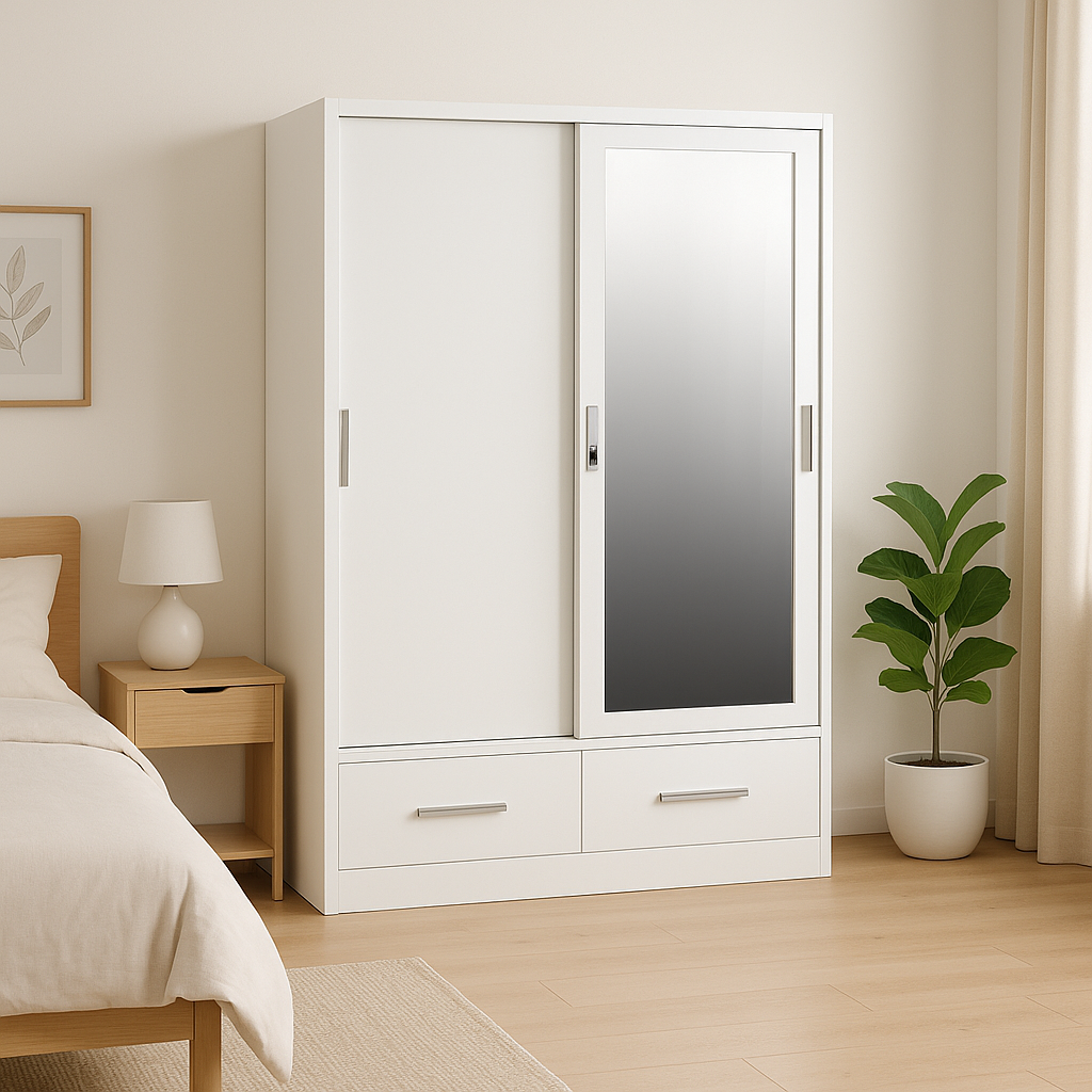 Metal Wardrobe White with Mirror & Safe