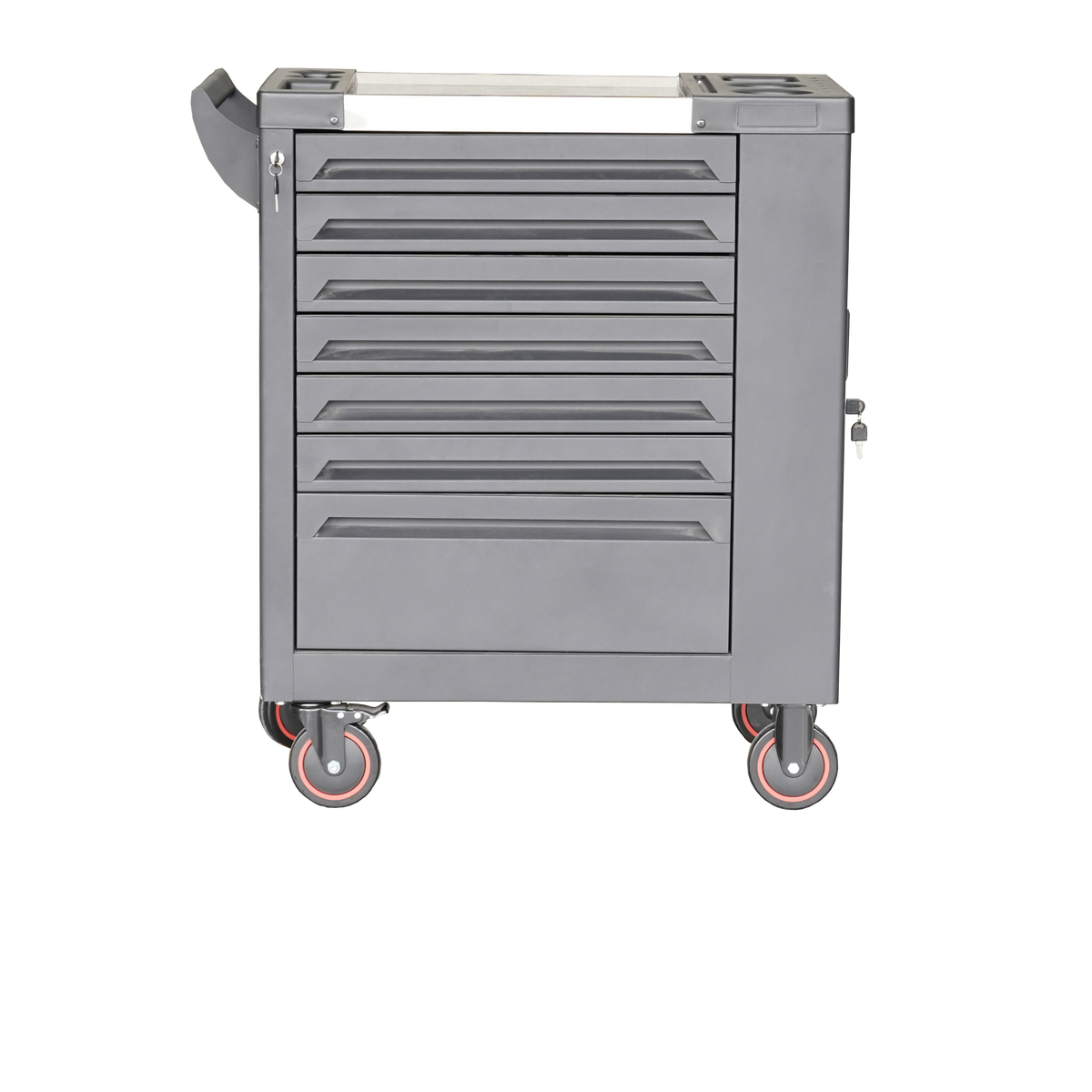 Heavy-Duty 7-Drawer Tool Trolley with Side Pegboard & Lockable Storage Compartment, Gray Steel Rolling Tool Cart for Workshops and Garages