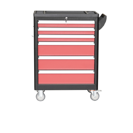 Heavy-Duty 6-Drawer Tool Trolley with Side Pegboard & Lockable Wheels, Red Steel Rolling Tool Storage Cart for Workshops and Garages
