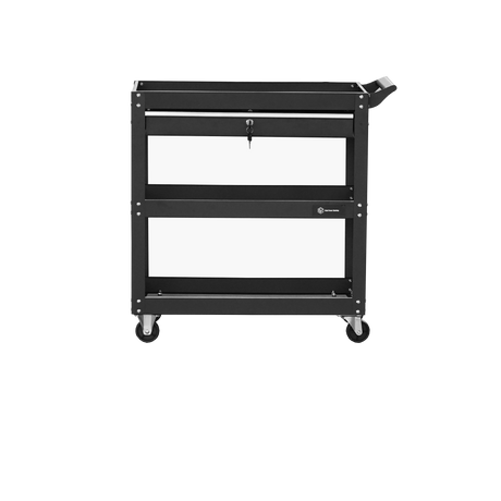Heavy-Duty 3-Tier Tool Trolley Cart with Lockable Drawer and Wheels, Black Steel Utility Cart for Workshops and Garages