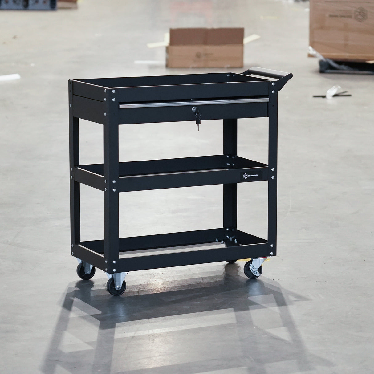 Heavy-Duty 3-Tier Tool Trolley Cart with Lockable Drawer and Wheels, Black Steel Utility Cart for Workshops and Garages