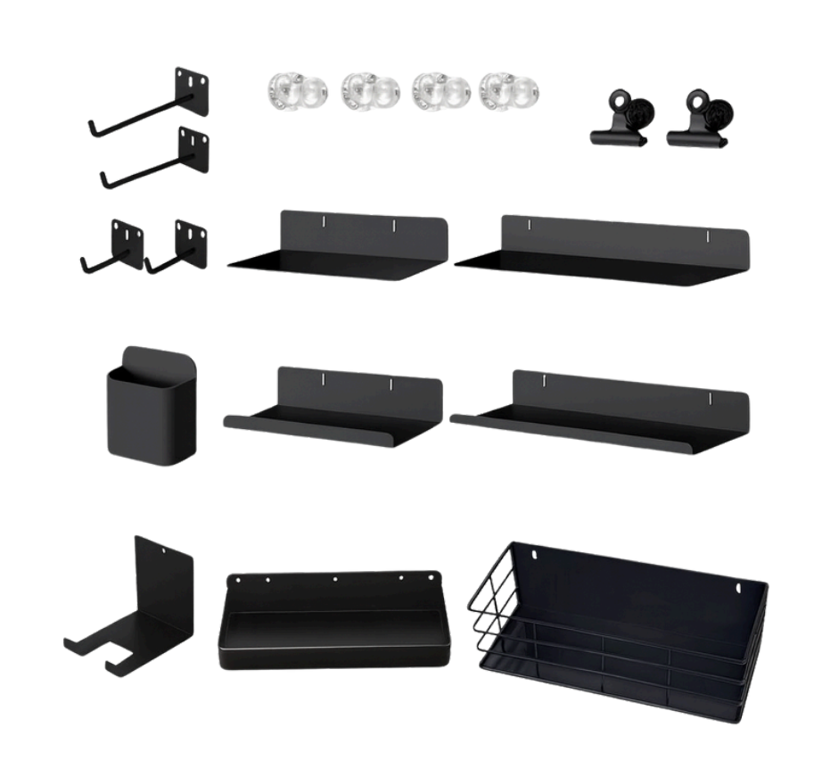 Pegboard Accessory Kit 12pcs – Magnetic & Adhesive Hooks, Shelves & Storage Set