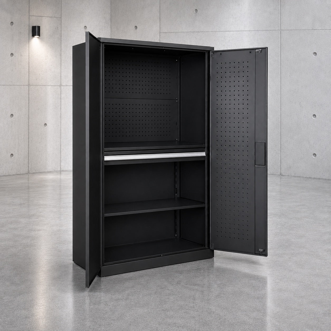 Lockable steel cabinet in warehouse