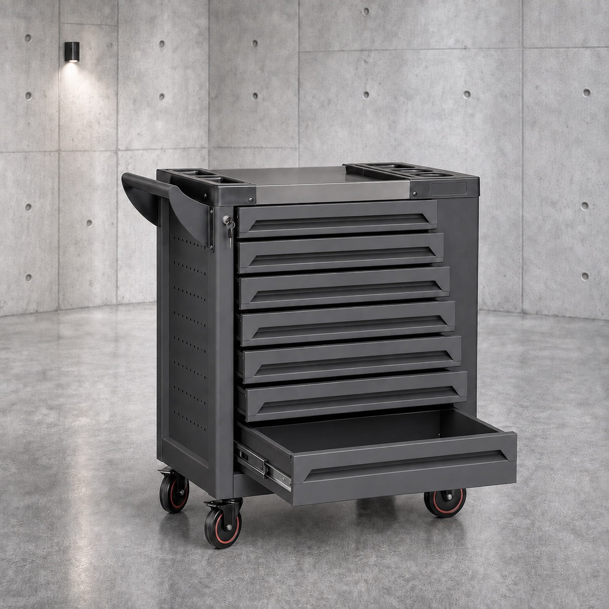 Steel tool trolley on warehouse floor