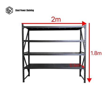 Powder-coated boltless garage shelving rack with five adjustable shelves