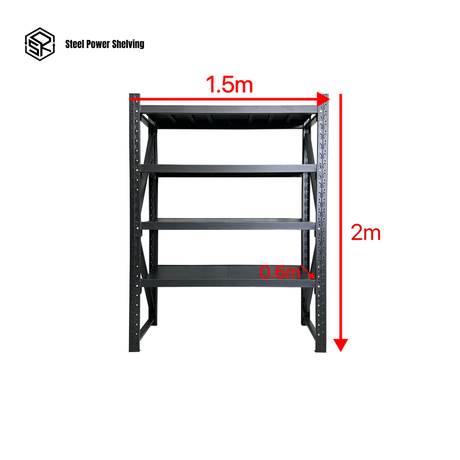 Adjustable steel garage shelving illustrating per-shelf load capacity