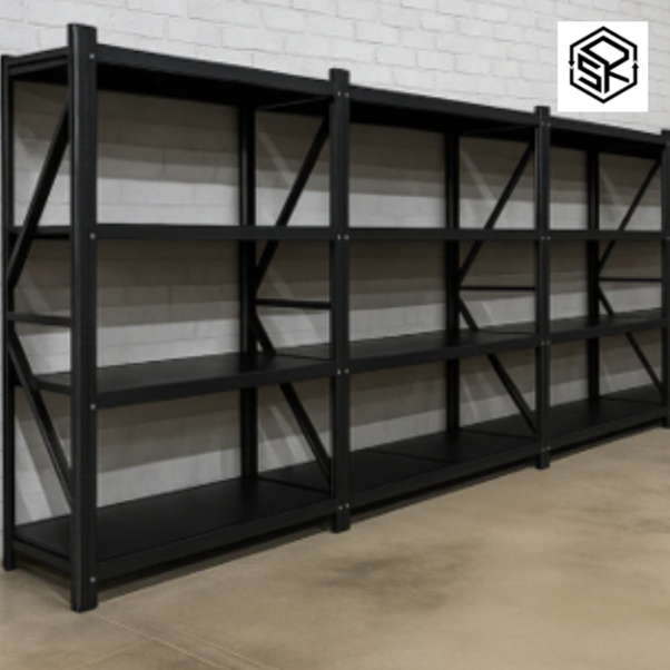 Adjustable metal storage shelves in a warehouse
