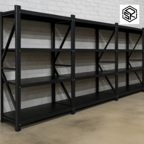 Adjustable metal storage shelves in a warehouse