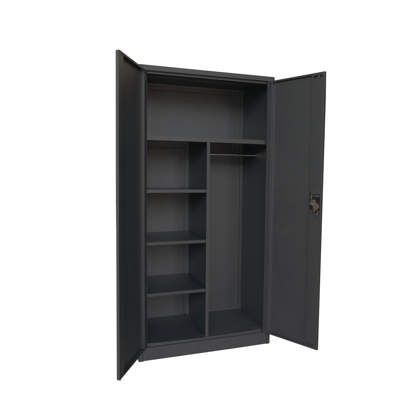 Heavy-duty lockable metal storage cabinet in black