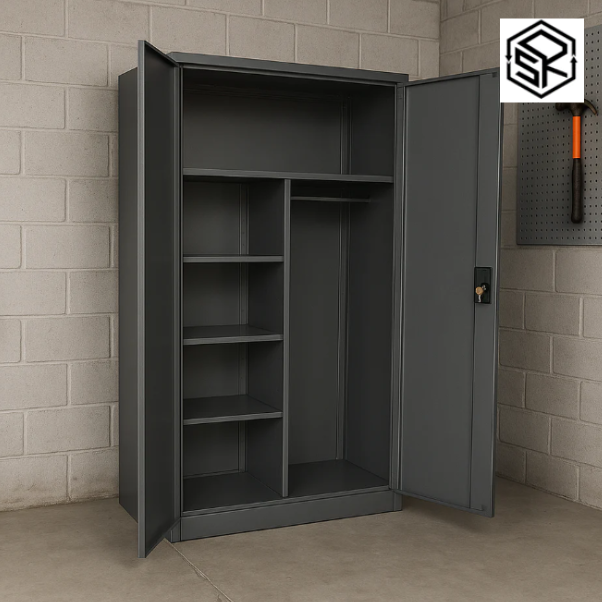 Heavy-duty garage cabinet with adjustable shelves for secure garage storage.