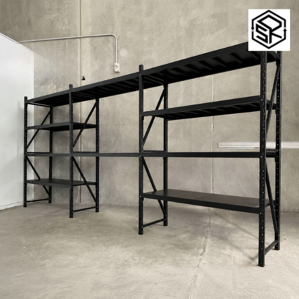 Heavy-duty metal shelving for organised garage and workshop storage.