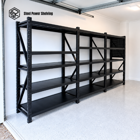 Heavy-duty steel shelving racks for organised garage storage 