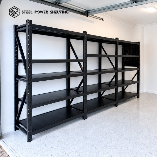 Heavy-duty steel shelving racks for organised garage storage 