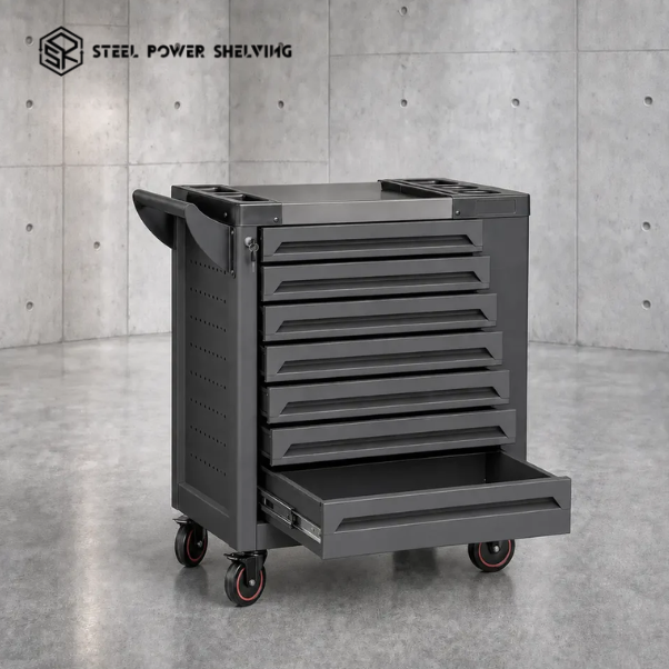 Steel tool trolley with drawers and wheels for workshop storage