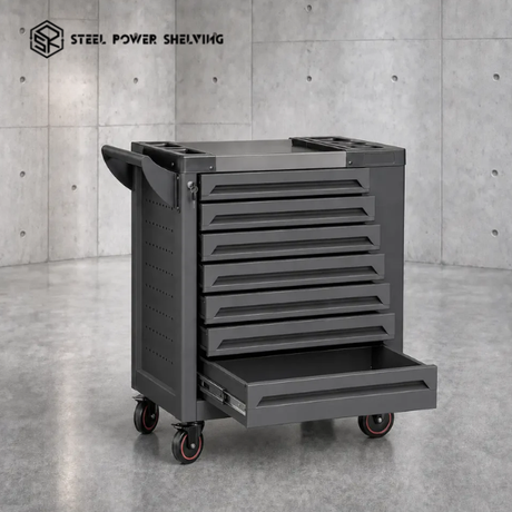 Steel tool trolley with drawers and wheels for workshop storage