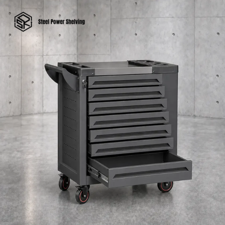 Steel tool trolley with drawers and wheels for workshop storage
