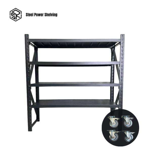 Storage shelves on wheels for flexible garage and workshop storage