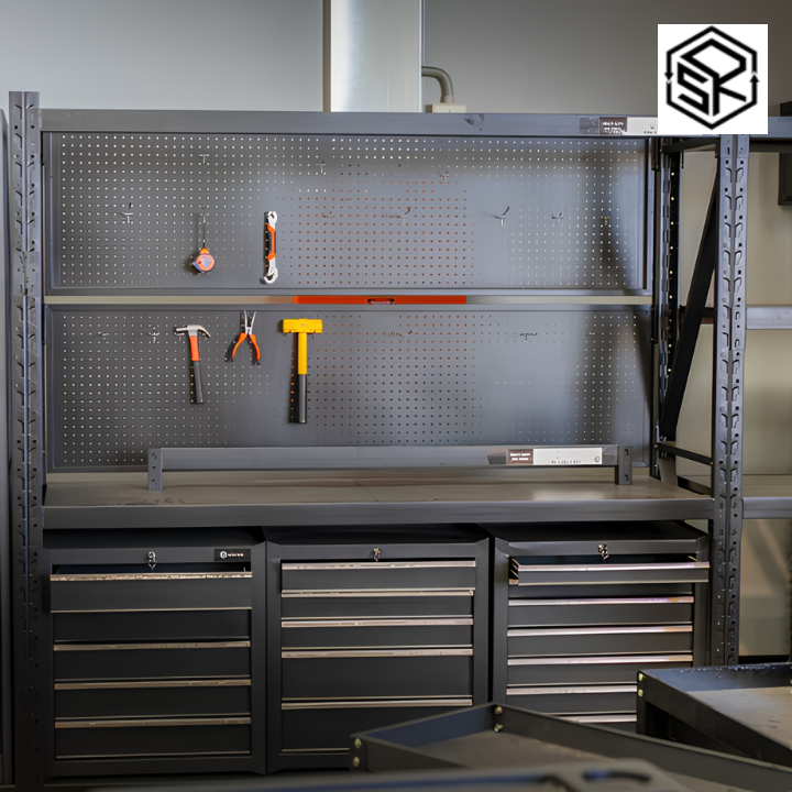 Wall Mounted Garage Storage with Steel Pegboard and Storage Shelves