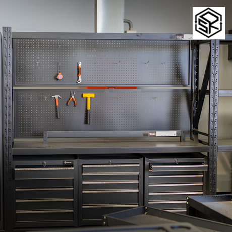 Wall Mounted Garage Storage with Steel Pegboard and Storage Shelves