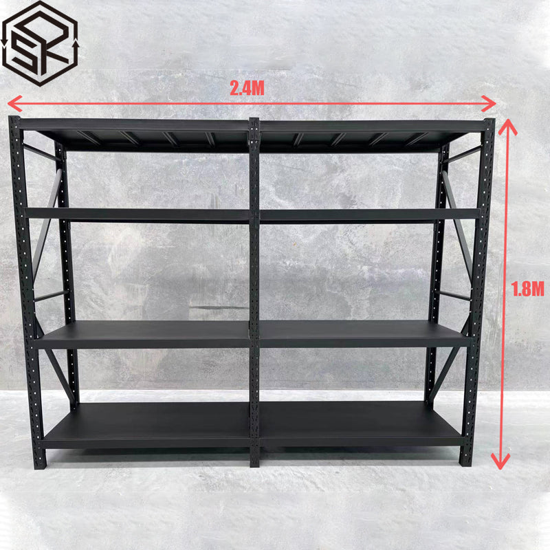Rustic-industrial shelving with metal frame and wood boards.