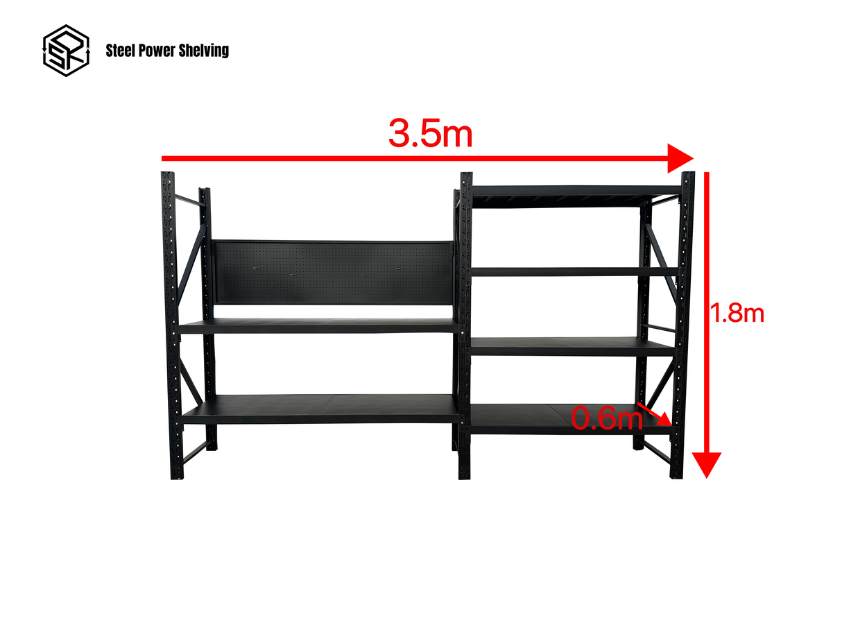 Workstation with pegboard - workbench 1.8m(H)x3.5m(L)x0.6m(D)1800kg