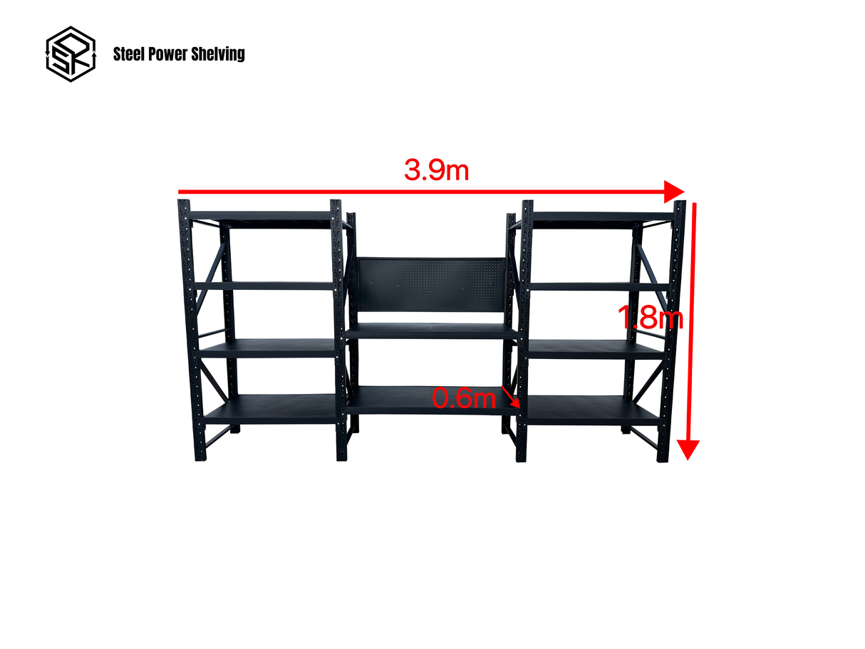 Workstation with pegboard - workbench 1.8m(H)x3.9m(L)x0.6m(D)3000kg