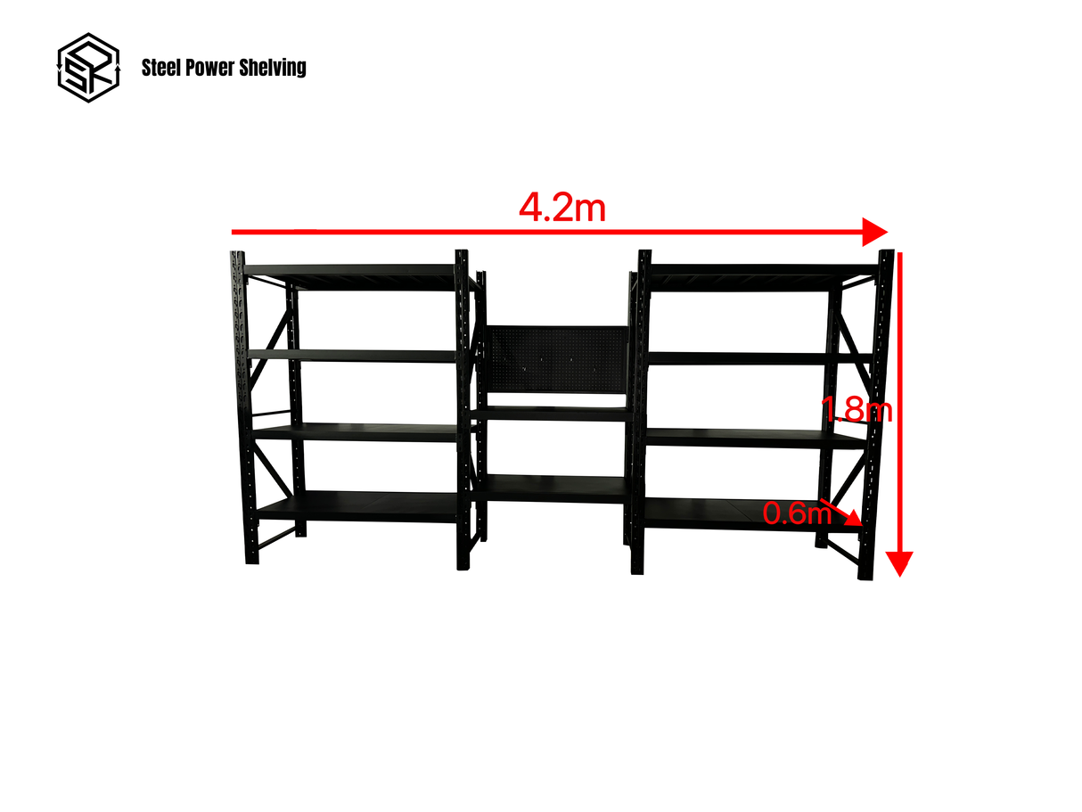 Workstation with pegboard - workbench 1.8m(H)x4.2m(L)x0.6m(D)3000kg