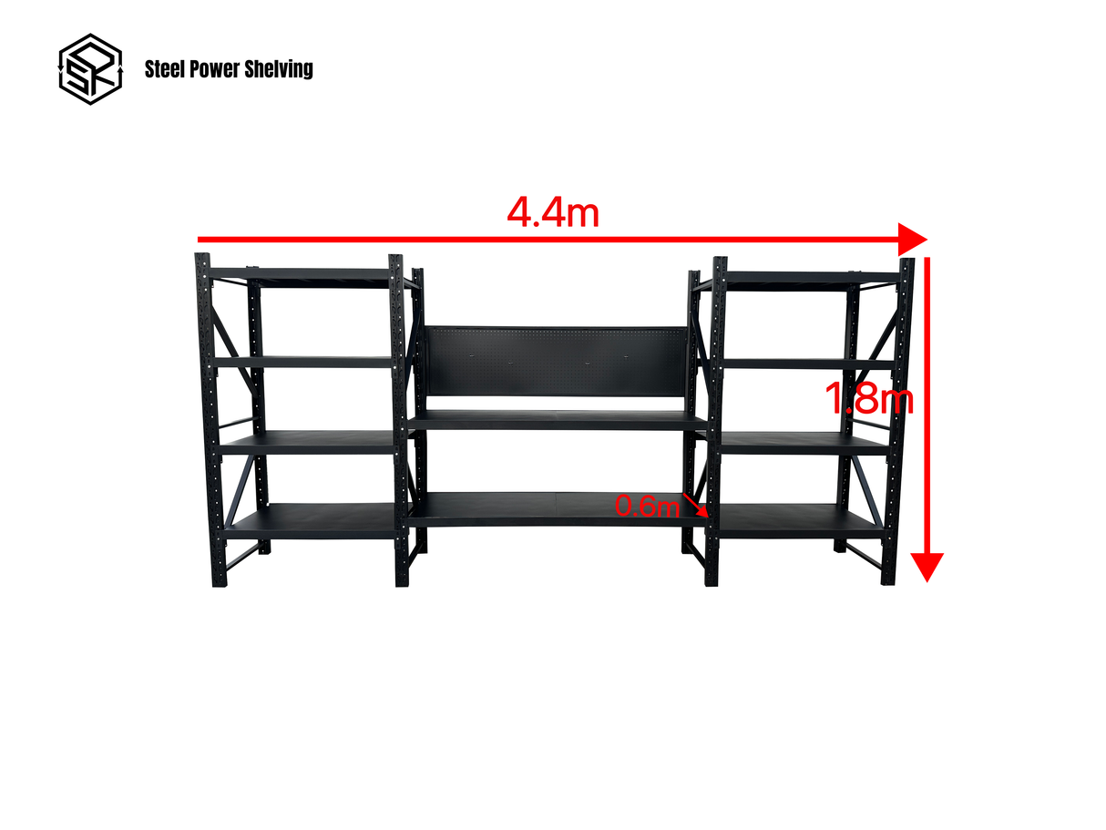 Heavy Duty Garage Workbench with Pegboard 1.8m(H)x4.4m(L)x0.6m(D) 3000kg Storage Shelving System
