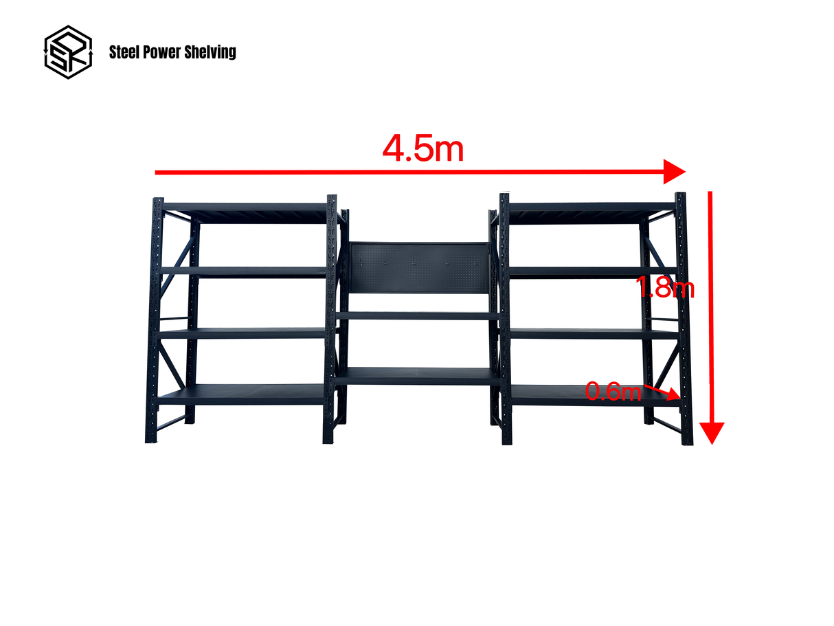 Workstation with pegboard - workbench 1.8m(H)x4.5m(L)x0.6m(D)3000kg