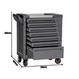 Heavy-Duty 7-Drawer Tool Trolley with Side Pegboard & Lockable Storage Compartment, Gray Steel Rolling Tool Cart for Workshops and Garages