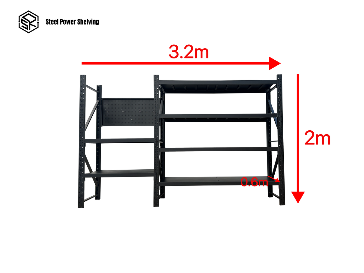 Workstation with pegboard - workbench 2.0m(H)x3.2m(L)x0.6m(D)1800kg