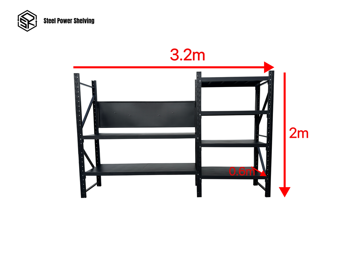 Workstation with pegboard - workbench 2.0m(H)x3.2m(L)x0.6m(D)1800kg