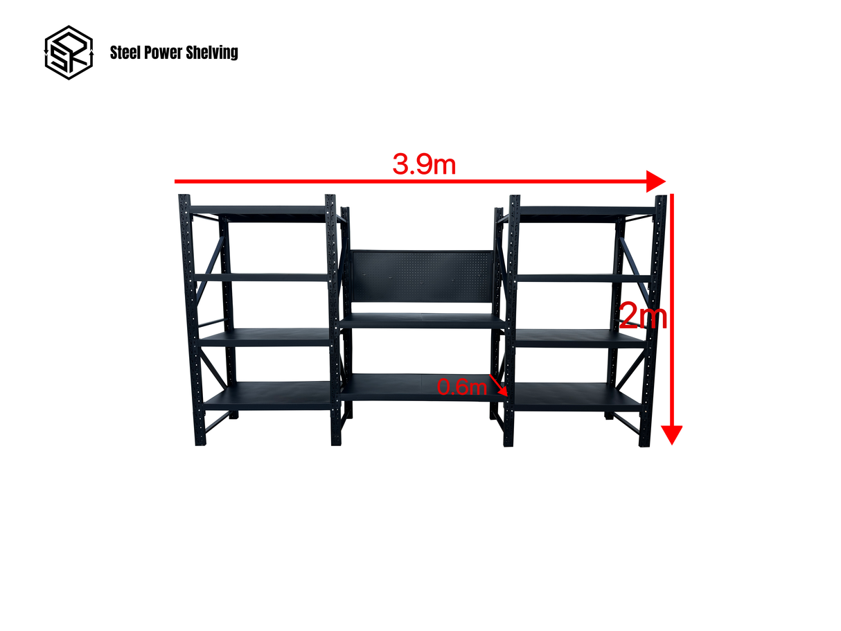 Workstation with pegboard - workbench 2.0m(H)x3.9m(L)x0.6m(D)3000kg