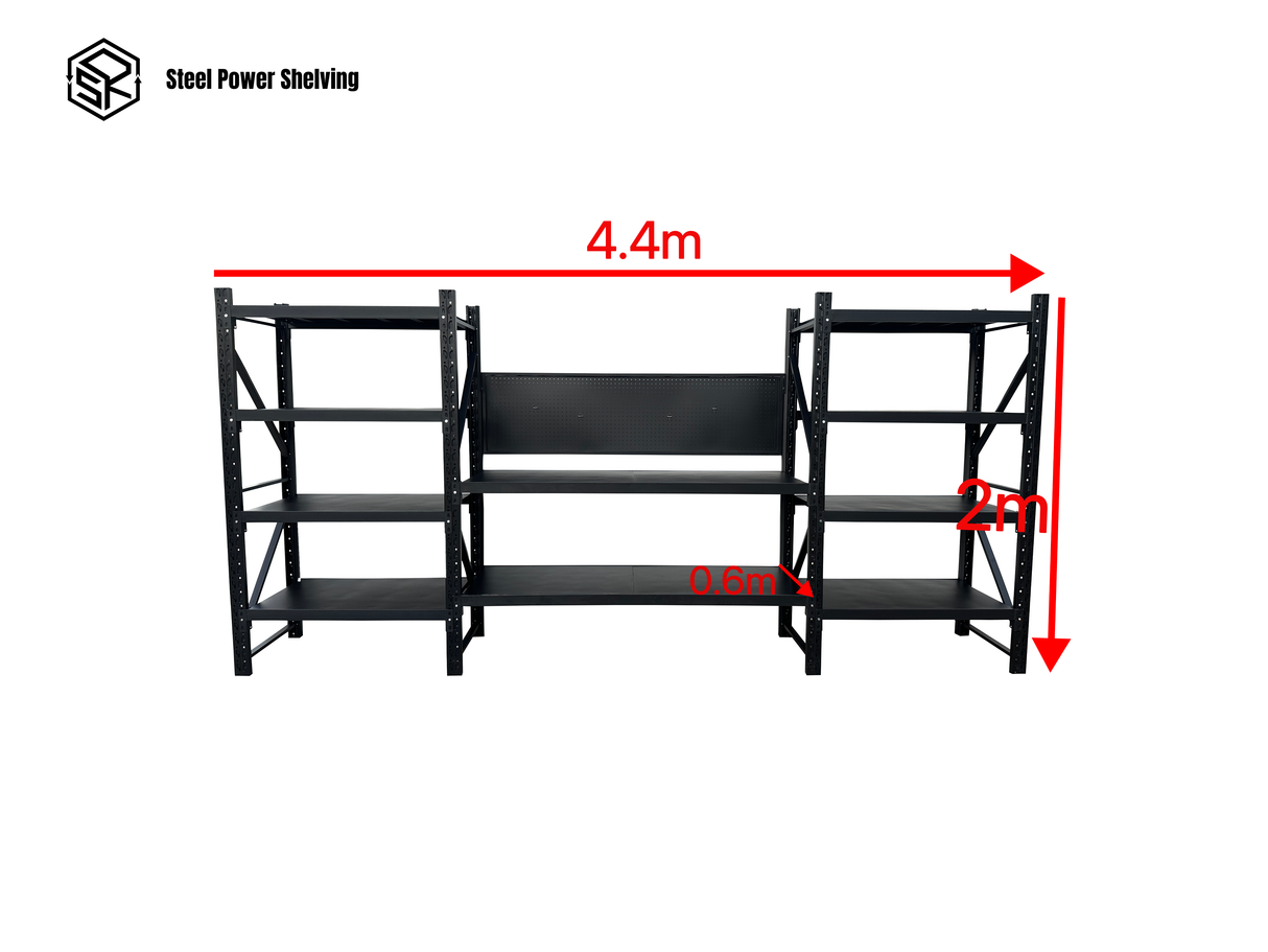 Workstation with pegboard - workbench 2.0m(H)x4.4m(L)x0.6m(D)3000kg