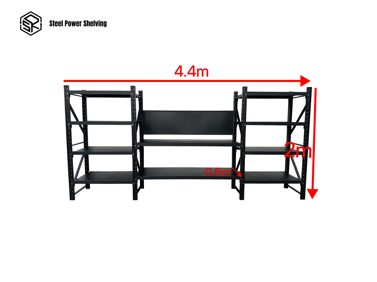 Heavy Duty Garage Workbench with Pegboard 2.0m(H)x4.4m(L)x0.6m(D) 3000kg Storage Shelving System