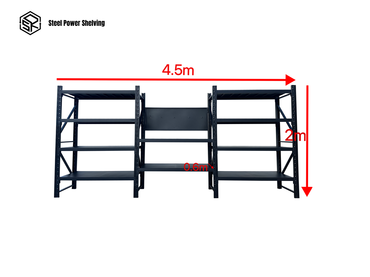 Heavy Duty Garage Workbench with Pegboard 2.0m(H)x4.5m(L)x0.6m(D) 3000kg Storage Shelving System