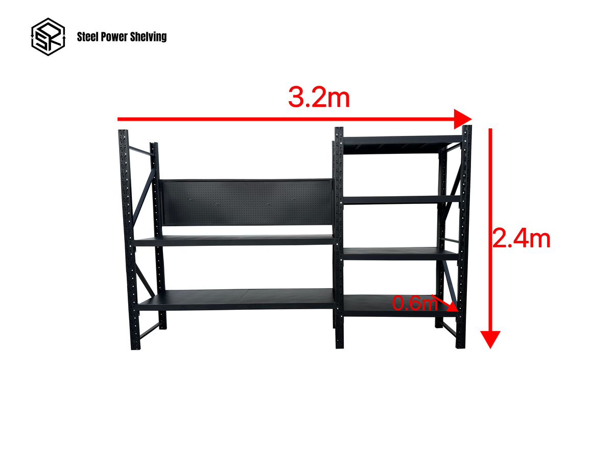 Heavy Duty Garage Workbench Workstation with Pegboard 2.4m(H)x3.2m(L)x0.6m(D) 1800kg