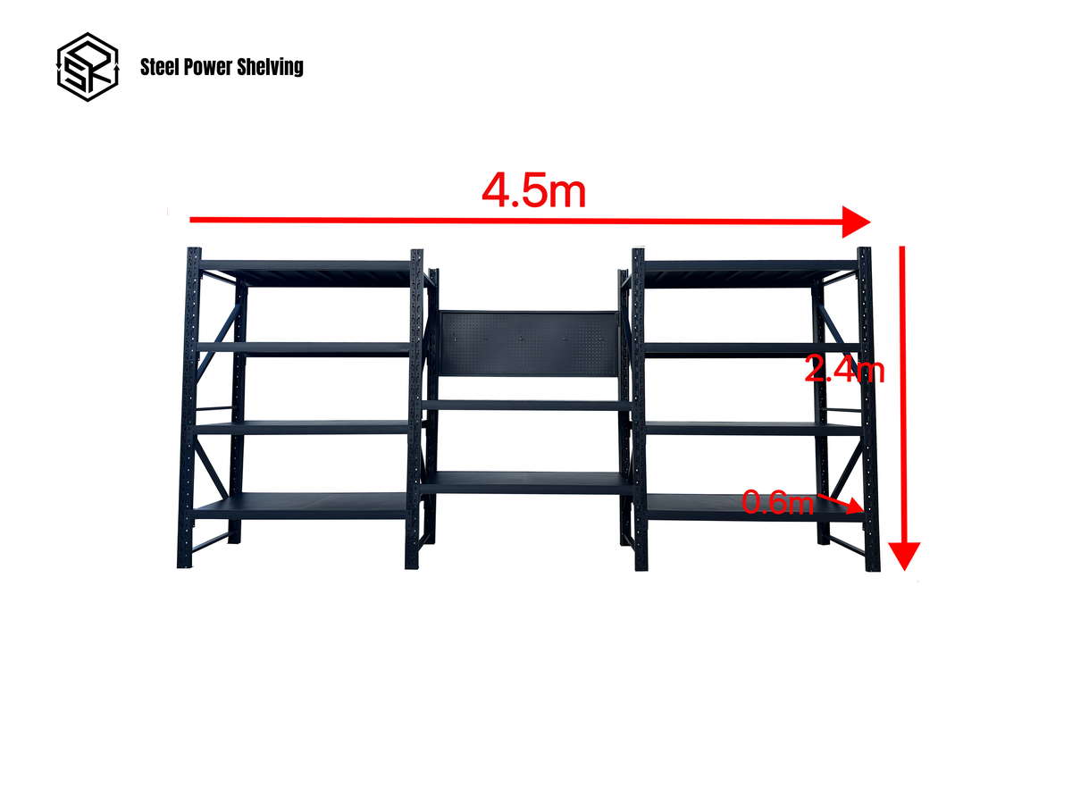 Heavy Duty Garage Workbench Workstation with Pegboard 2.4m(H)x4.5m(L)x0.6m(D) 3000kg