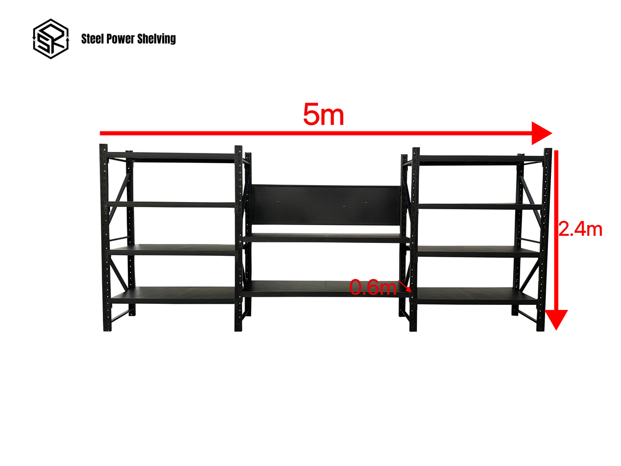 Heavy Duty Garage Workbench with Pegboard 2.4m(H)x5.0m(L)x0.6m(D) 3000kg Storage Shelving System