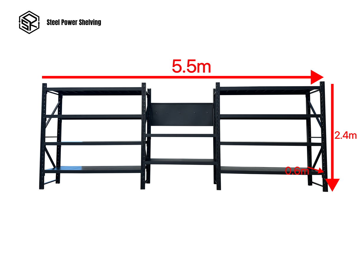 Heavy Duty Garage Workbench Workstation with Pegboard 2.4m(H)x5.5m(L)x0.6m(D) 3000kg