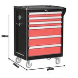 Heavy-Duty 6-Drawer Tool Trolley with Side Pegboard & Lockable Wheels, Red Steel Rolling Tool Storage Cart for Workshops and Garages