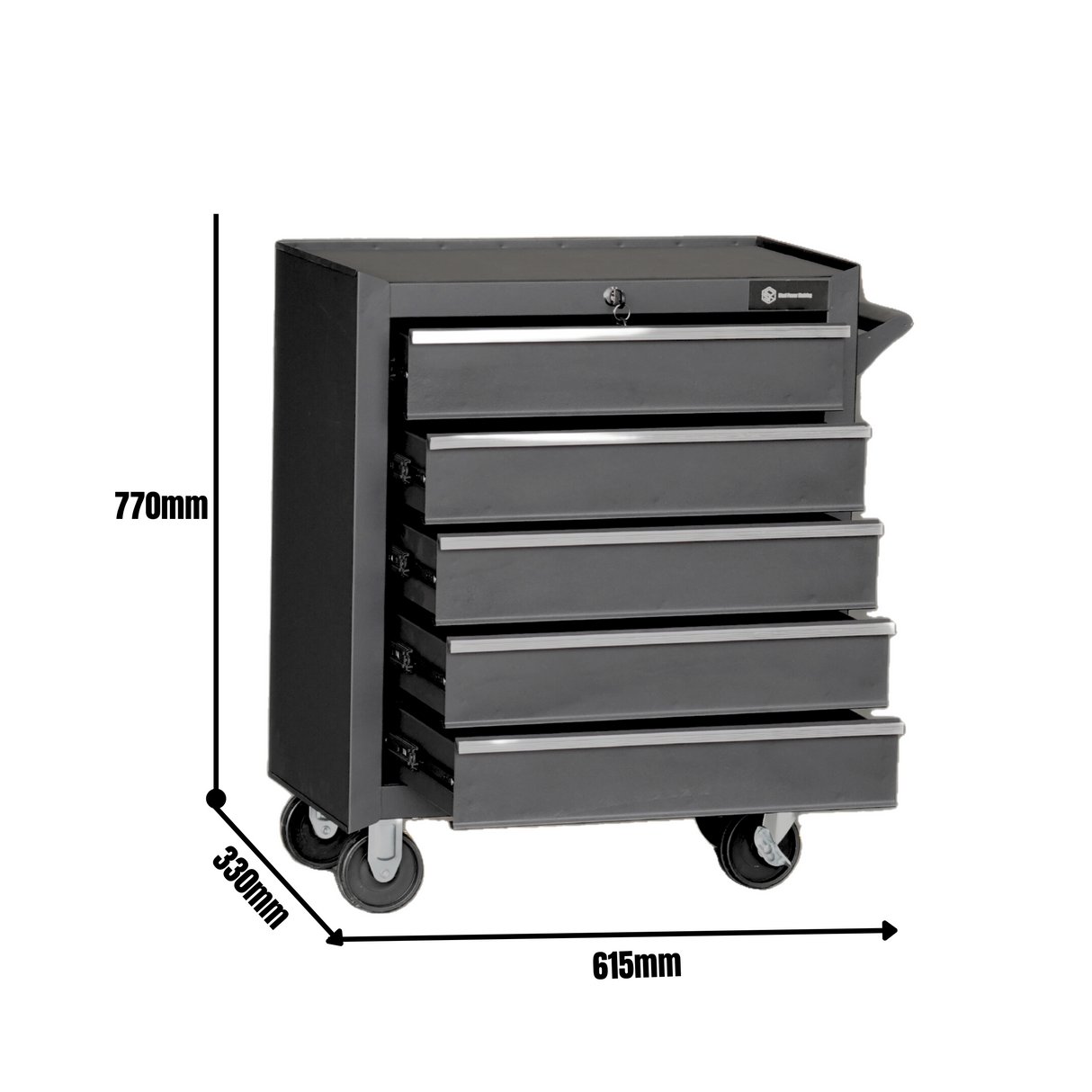 Compact 5-Drawer Tool Trolley with Lockable Wheels, Black Steel Rolling Tool Cart for Workshops and Garages