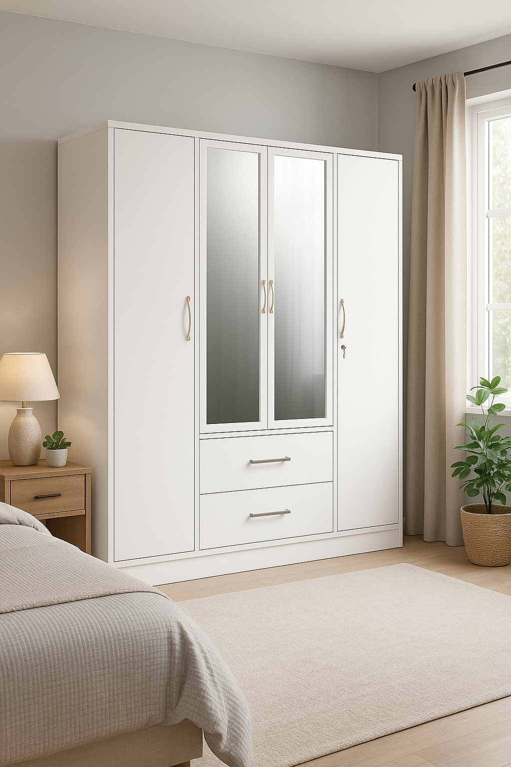 Metal Wardrobe with Double Mirror Doors & Safe