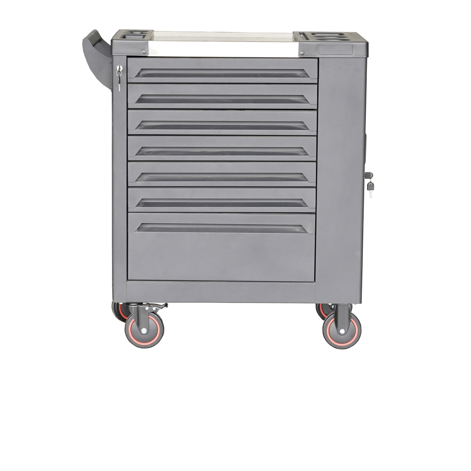 Heavy-Duty 7-Drawer Tool Trolley with Side Pegboard & Lockable Storage Compartment, Gray Steel Rolling Tool Cart for Workshops and Garages