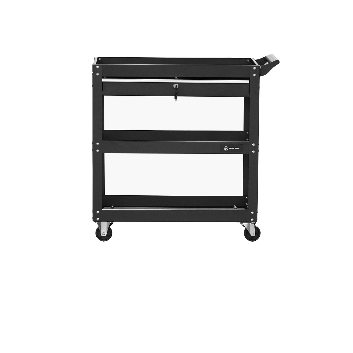 Heavy-Duty 3-Tier Tool Trolley Cart with Lockable Drawer and Wheels, Black Steel Utility Cart for Workshops and Garages